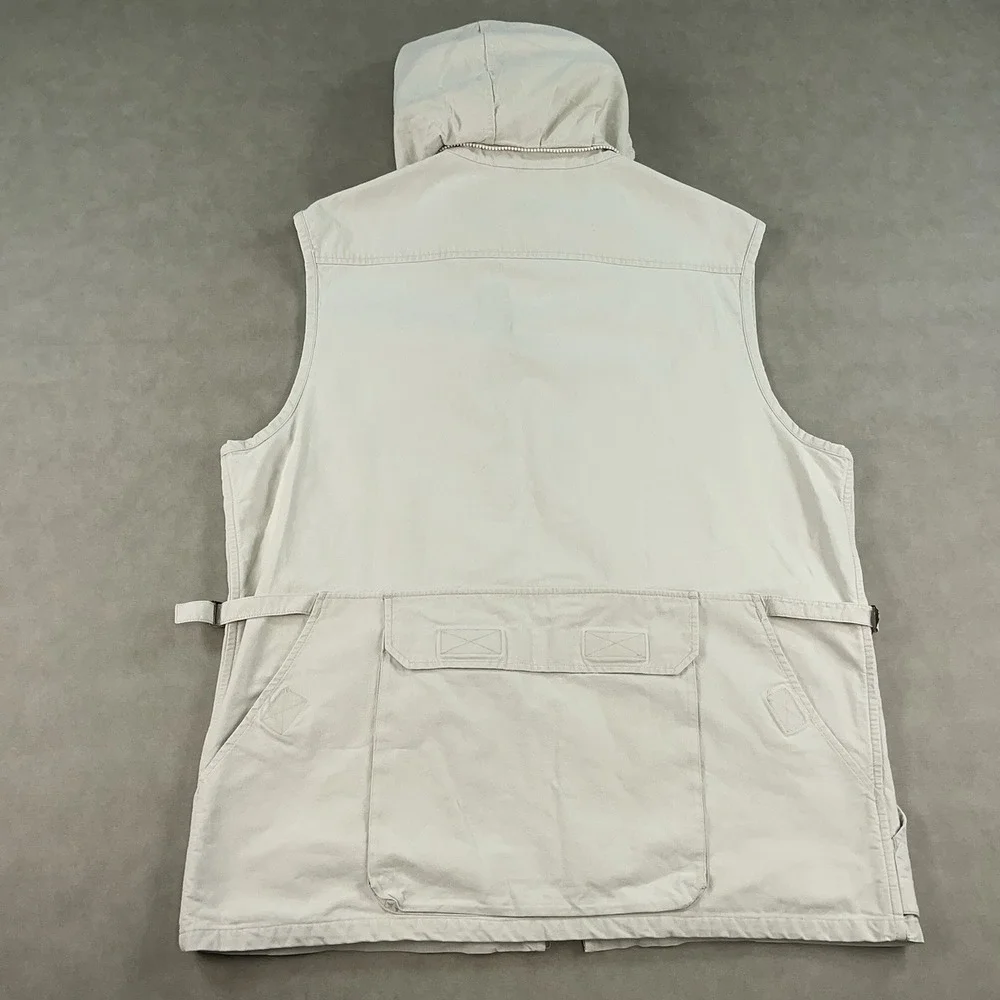VTG Banana Republic Vest Mens Large Zip Safari Utility Cargo Pockets Stow Hood‎